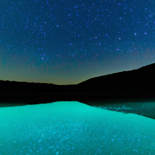 נוף פנורמי של אגם ביו-אור הנוצץ מתחת לשמים מוארי כוכבים, המשקף אלף אורות.